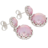 Round pink pearl sterling silver earrings with accent gemstone, elegant and luxurious design.